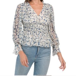 REBECCA TAYLOR Electric Blue Silk "Long Sleeve Deco Fleur Blouse" sz 0